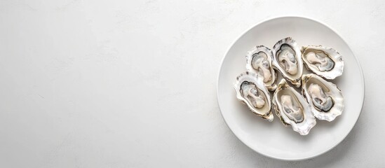 Freshly harvested oysters on a white plate with empty space for creative text or branding related to seafood cuisine