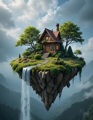 House on a Floating Island with Waterfall