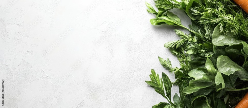 Poster freshly harvested orange carrots and leafy greens on a light background with empty space for text an