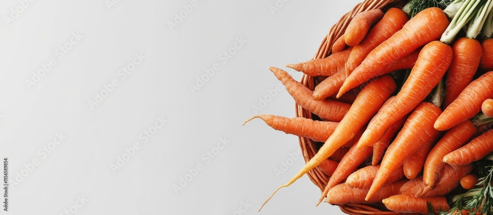 Poster freshly harvested carrots spilling from a basket with empty copy space for text in a natural light s