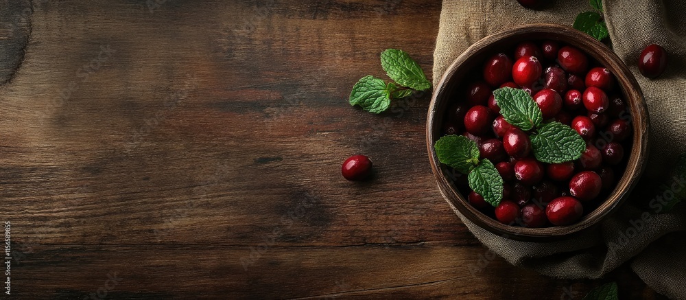 Poster freshly harvested cranberries in a bowl with mint leaves on a wooden table showcasing rustic charm a