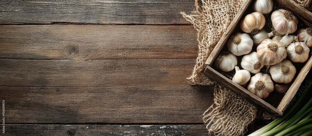 Aufkleber freshly harvested garlic bulbs in a wooden crate with rustic background and empty space for text or 