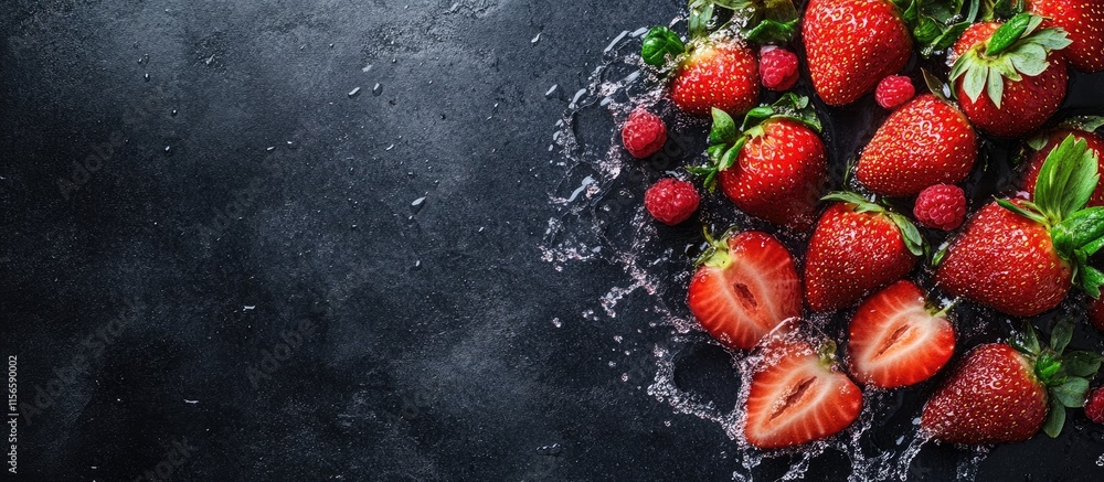 Poster freshly sliced strawberries splashing in water on dark surface with ample empty space for text and d