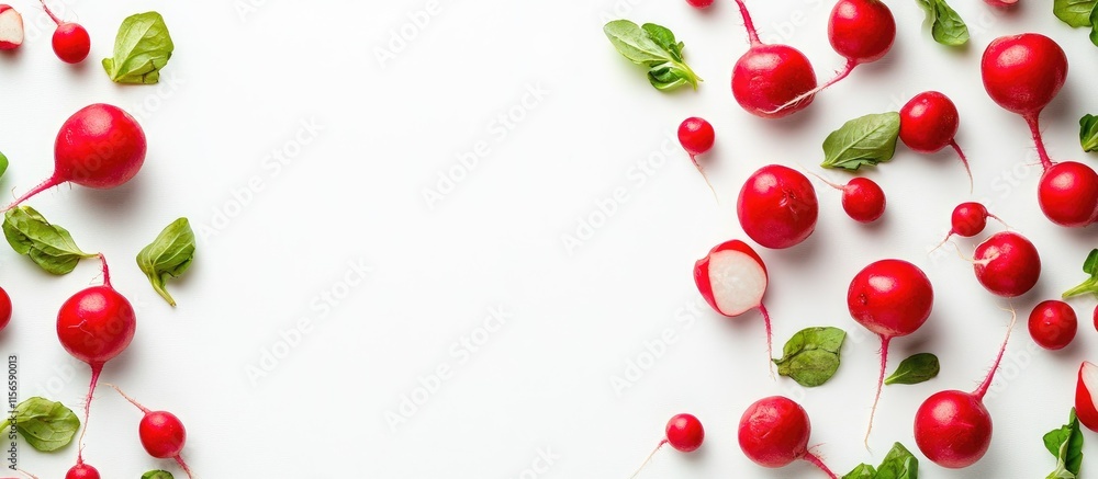 Poster freshly cut red radishes with green leaves arranged on a white background creating empty space for t