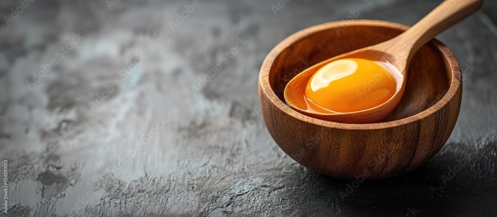 Poster fresh egg yolk in a wooden spoon resting in a bowl with textured background and empty space for culi