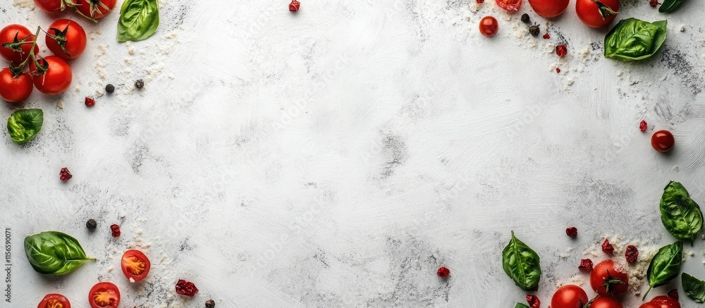 Poster delicious pasta with basil and tomato sauce on a marble surface with empty space for text and fresh 