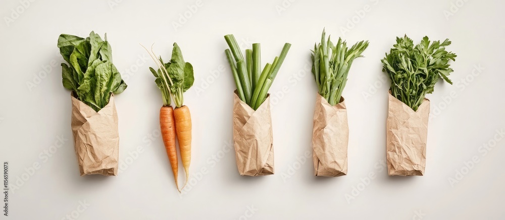 Poster assorted fresh vegetables wrapped in paper with blank space for custom text or branding