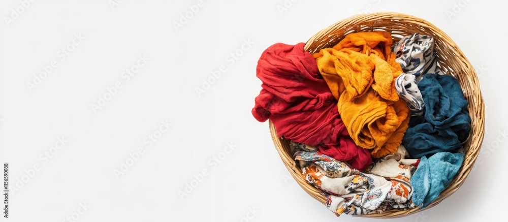 Poster freshly cleaned colorful clothes in a laundry basket on a light background with ample empty space fo