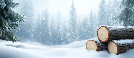 Wintery forest scene featuring freshly cut logs blanketed in snow with serene atmosphere and ample space for text overlay