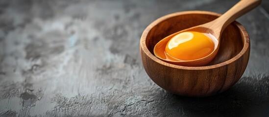 Fototapeta premium Fresh egg yolk in a wooden spoon resting in a bowl with textured background and empty space for culinary text or nutritional information