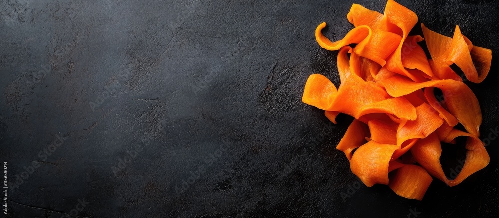 Poster peeled carrot ribbons on dark surface with negative space for text or design elements