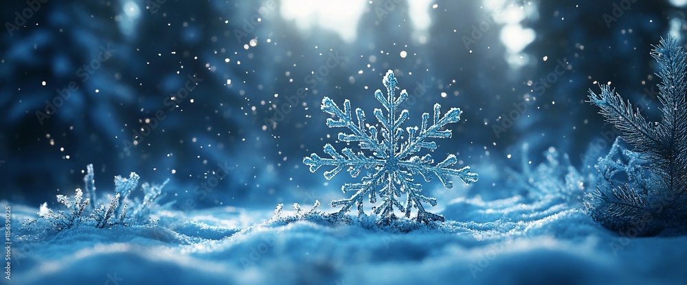 Poster a close-up of a snowflake on a snowy surface, surrounded by a winter forest.