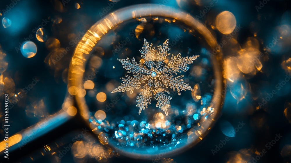 Poster a close-up of a snowflake magnified, surrounded by shimmering bokeh lights.