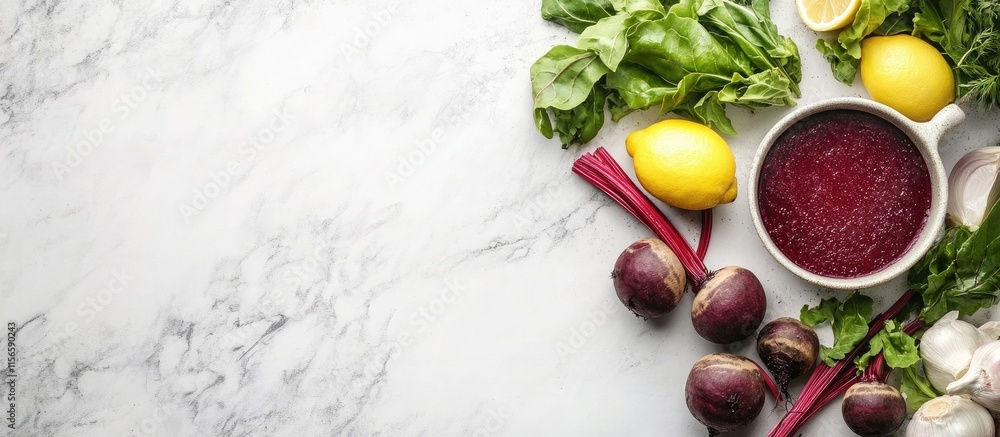 Poster beetroot lemon juice preparation with fresh ingredients and space for custom text in bright kitchen 