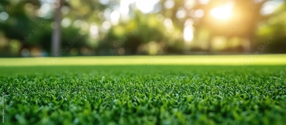 Poster lush green grass on sports field with sunlight and empty space for text in natural setting