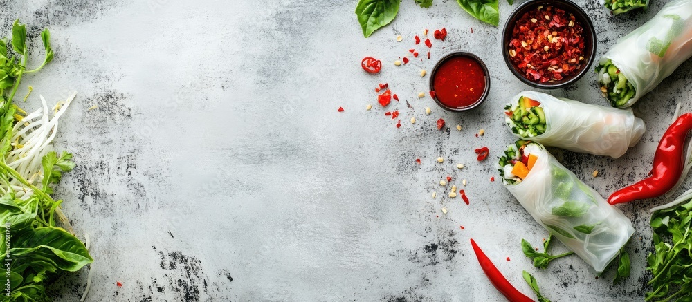 Poster vegetarian spring rolls with fresh ingredients and copy space for text on a rustic background