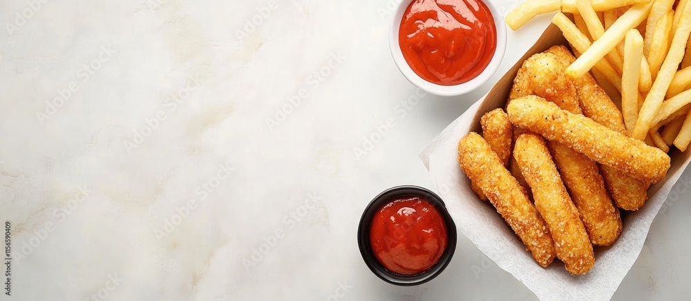 Poster crispy fries and golden mozzarella sticks with dipping sauce and empty space for text in a restauran