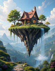 House on a Floating Island with Waterfall