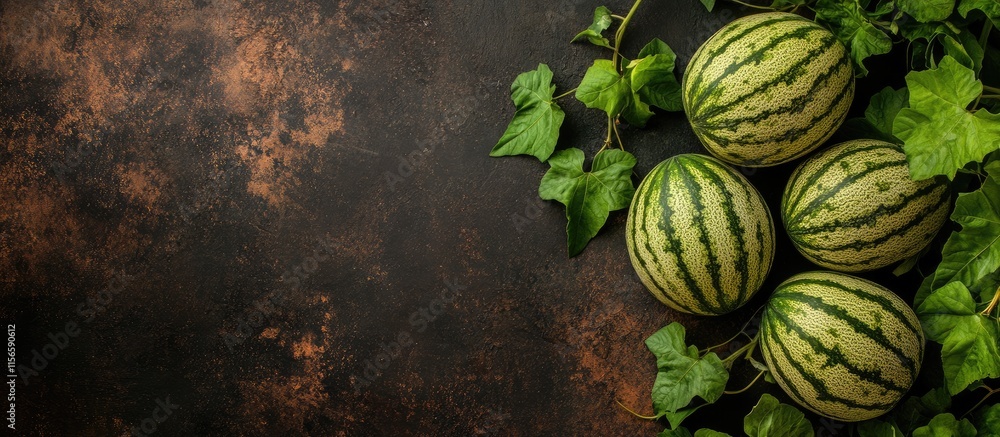 Poster freshly harvested wintermelon surrounded by leaves on rustic background with space for text or graph