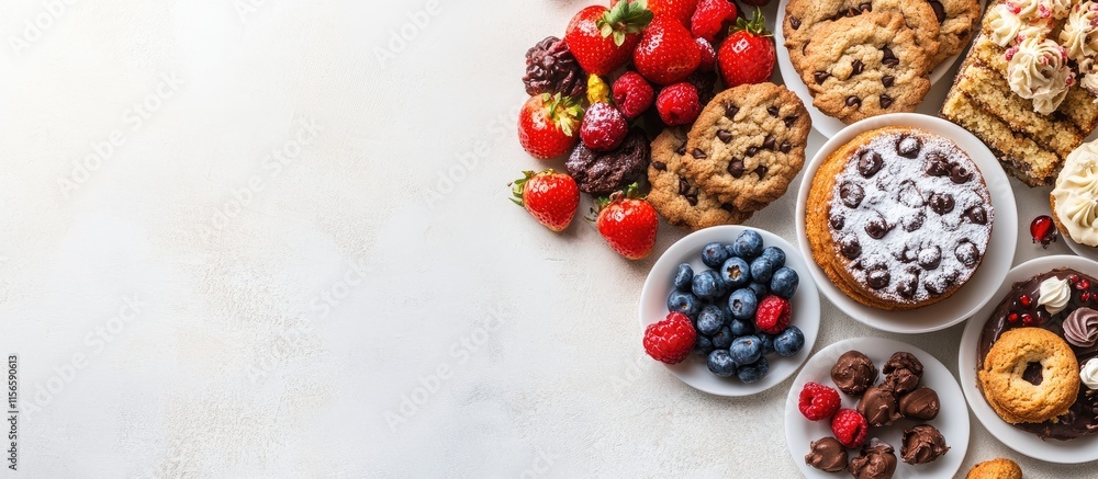 Aufkleber assorted cookies and fruits on a table with empty space for text showcasing a delightful dessert arr
