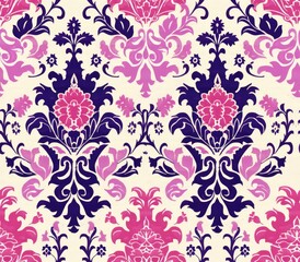 A decorative floral pattern in vibrant pink and navy blue on a light background.