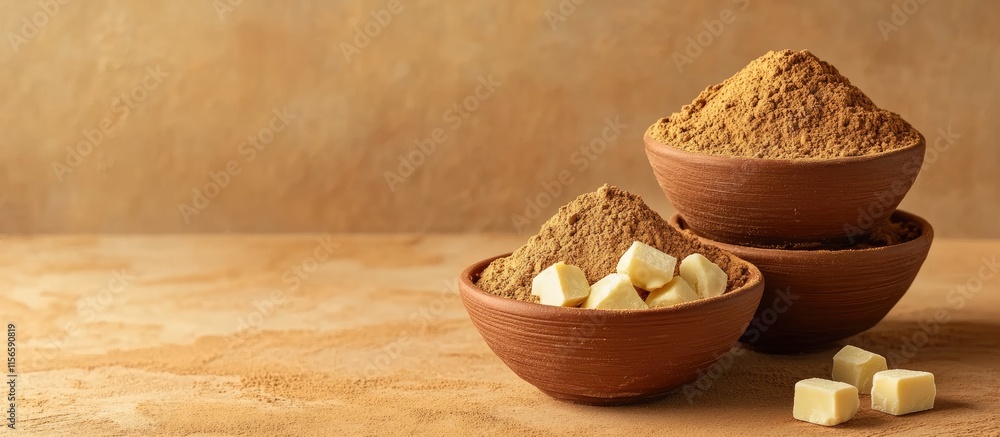Poster freshly ground cocoa powder in clay bowls with white chocolate chunks on warm desktop surface and am