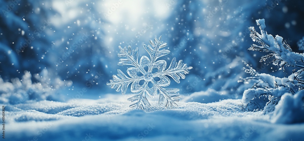 Poster a close-up of a snowflake resting on a snowy surface in a serene winter landscape.