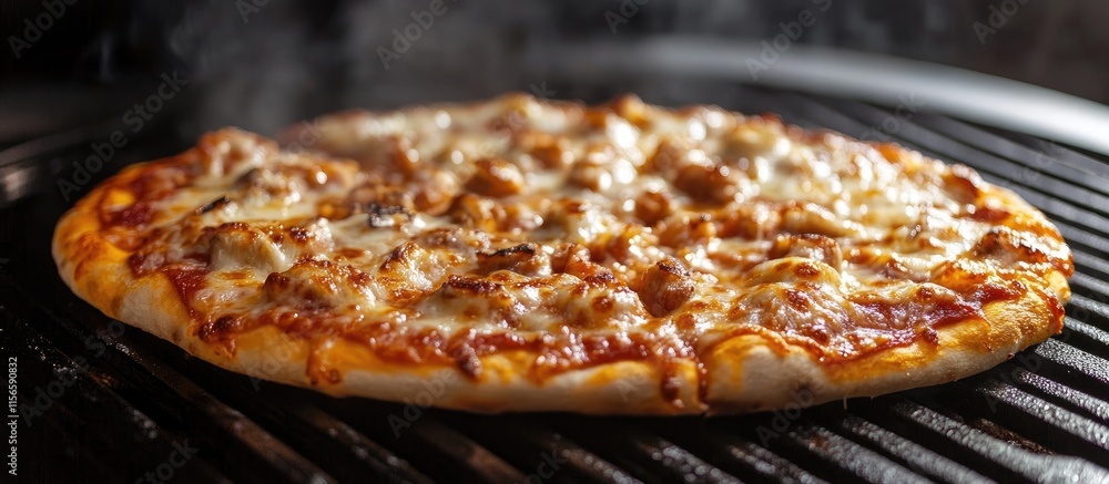 Poster freshly grilled pizza with cheese and toppings on grill with space for text background culinary deli
