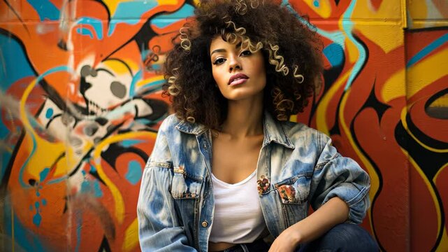 A young woman with curly hair is sitting against a colorful graffiti wall. She is wearing a white tank top and a denim jacket
