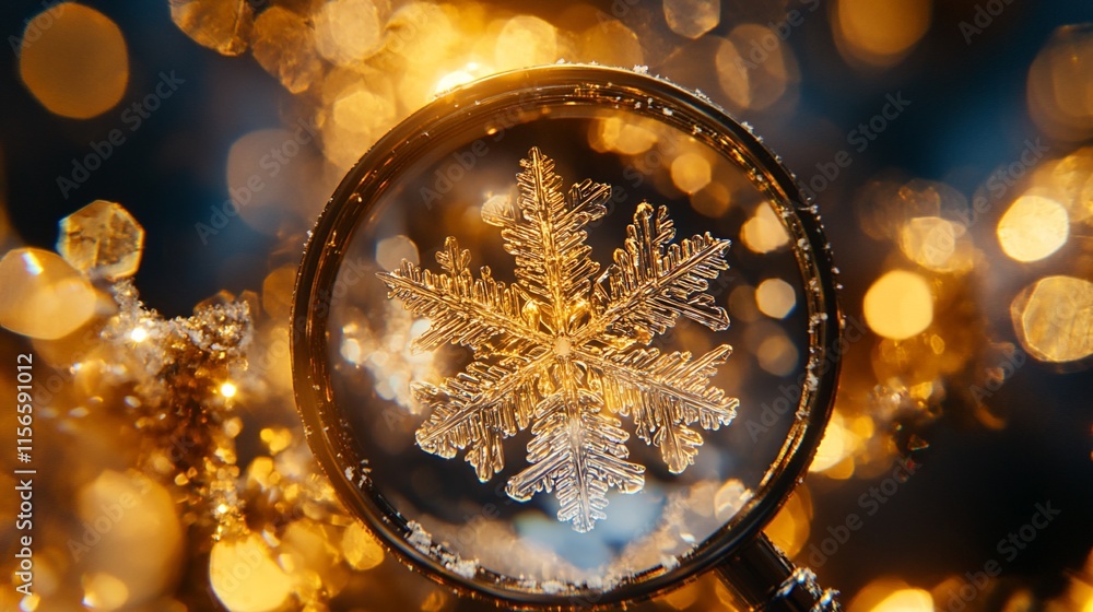 Poster a close-up of a snowflake under a magnifying glass, surrounded by bokeh lights.