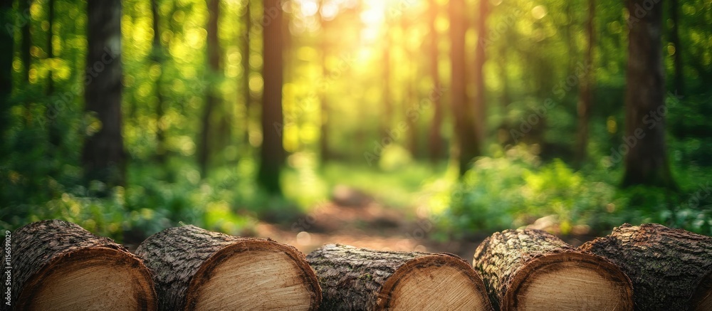 Poster freshly cut logs in lush forest with sunlight filtering through trees and blank space for text or se