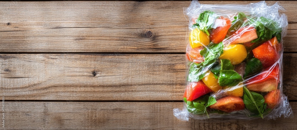 Poster freshly cut colorful vegetables wrapped in plastic on rustic wooden table with empty space for custo