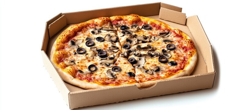 Delicious pizza with mushrooms and olives in a delivery box ideal for sharing with empty space for text to customize your advertisement - Powered by Adobe