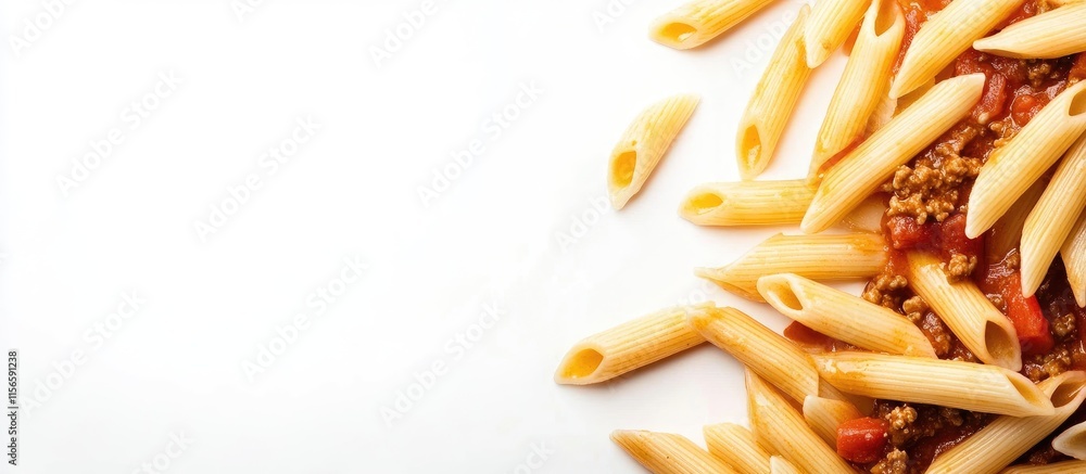 Poster freshly cooked pasta with bolognese sauce on white background with empty space for text or menu desi