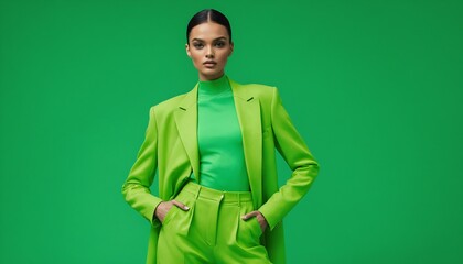 Young Fashion Woman in Green Trendy Outfit on Green Background Generative AI