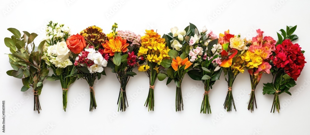 Poster colorful flower arrangement in a row on white background flat lay with ample copy space for text and