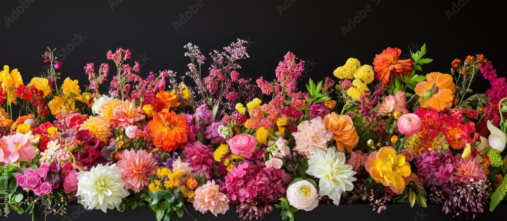 Poster vibrant flower arrangements featuring diverse blooms creating elegant compositions with ample space 