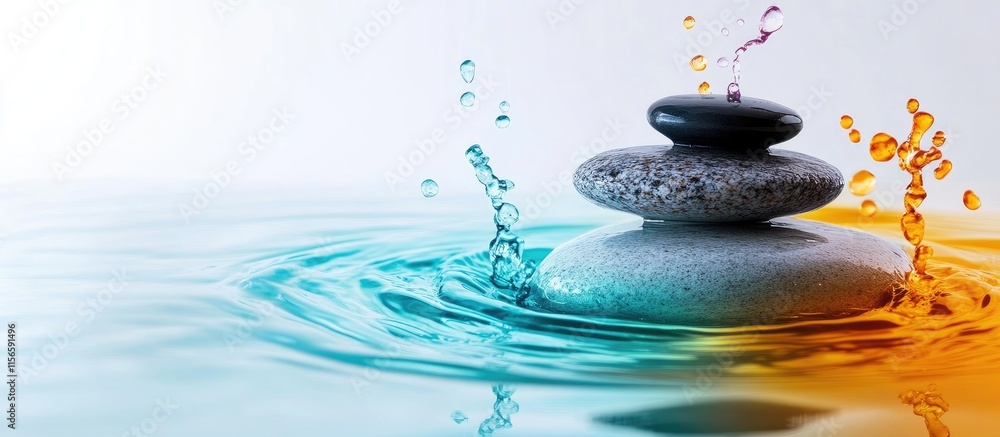 Poster calming water flow with balanced stones and vibrant splashes creating a serene space for text or mes