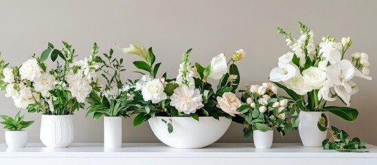 Elegant spring flower arrangement in white pots on a table with neutral background and blank space for text or branding purposes