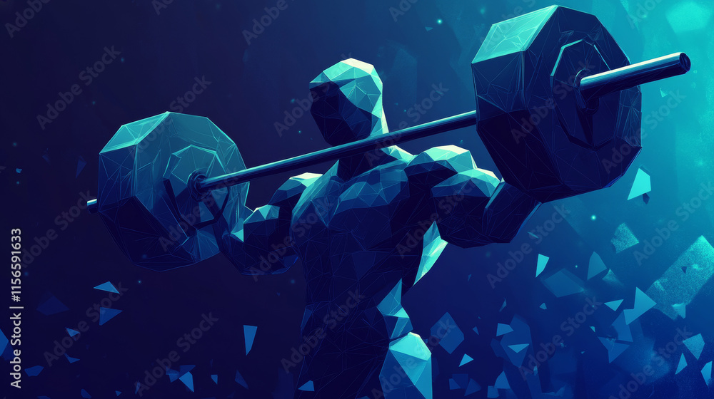 Poster hologram weightlifting. a weightlifter made of polygons, triangles of points and lines. lifting the 