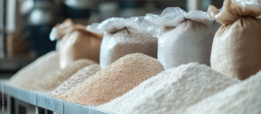 Poster flour and grain bags displayed on production line with empty space for text showcasing packaging and