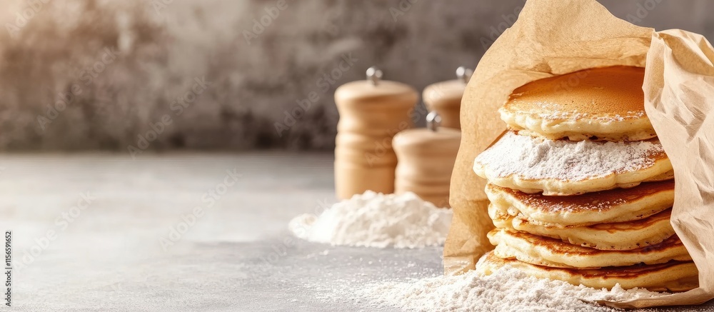 Poster flour spilling from a paper bag with pancakes on a counter showcasing delicious breakfast preparatio