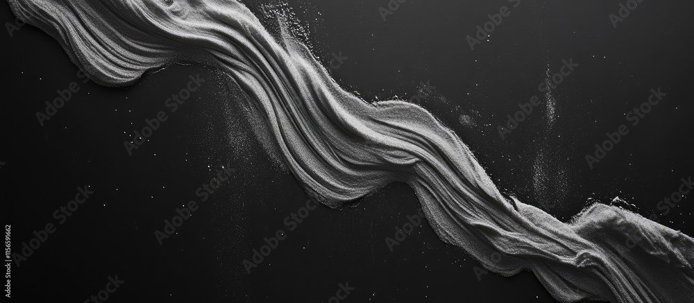 Poster ethereal flour dust swirling on a black surface creating delicate ribbons with ample negative space 