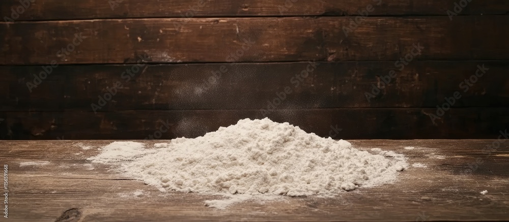 Aufkleber flour pile on rustic wooden table in kitchen setting with empty space for culinary text or recipe in