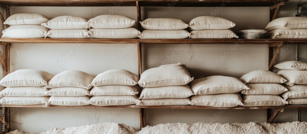 Aufkleber Flour sacks neatly stacked on wooden bakery shelves with ample empty space for text and branding in a professional food setting