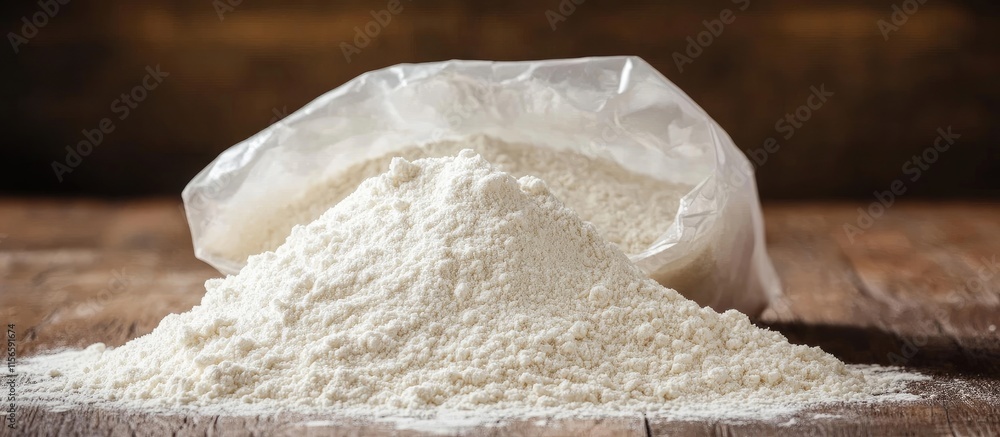 Poster flour in plastic bag with assorted flour products on rustic wooden background featuring empty space 