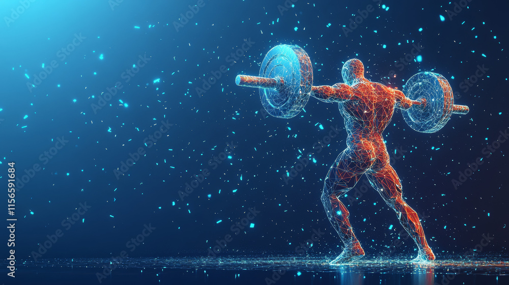 Poster hologram weightlifting. a weightlifter made of polygons, triangles of points and lines. lifting the 