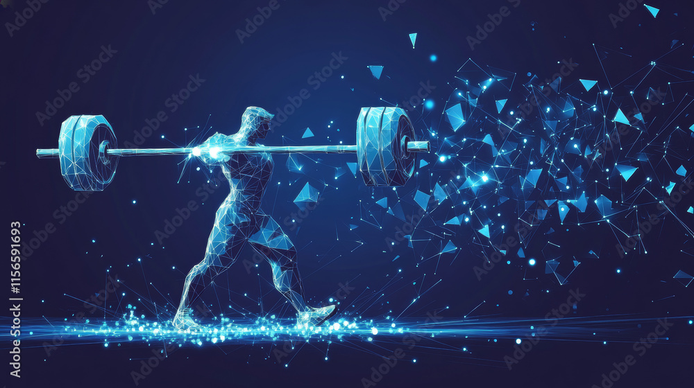 Poster hologram weightlifting. a weightlifter made of polygons, triangles of points and lines. lifting the 