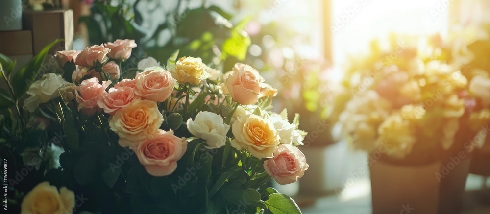 Poster bright florist shop vibrant with colorful flowers and golden sunlight creating an inviting atmospher