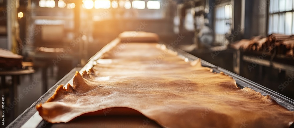 Poster conveyor belt transporting cowhide in leather tanning factory with warm light and empty area for tex